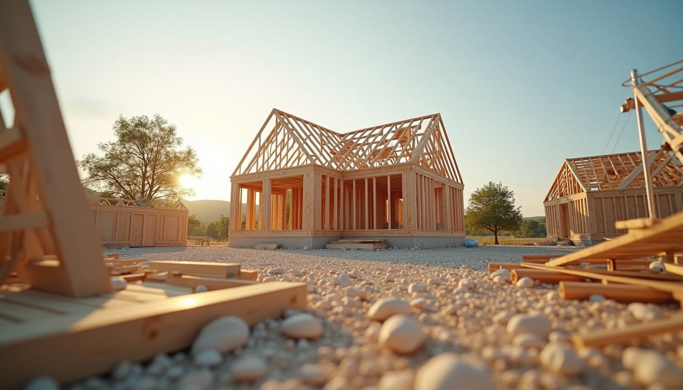 Eye-level view of a partially assembled wooden DIY house kit on a construction site