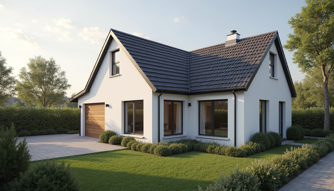 High angle view of a completed affordable house kit in a suburban area