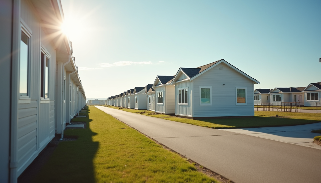 Eye-level view of modular housing units assembled in a suburban area