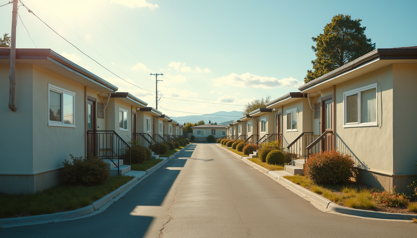 Eye-level view of modular housing units arranged in a community layout