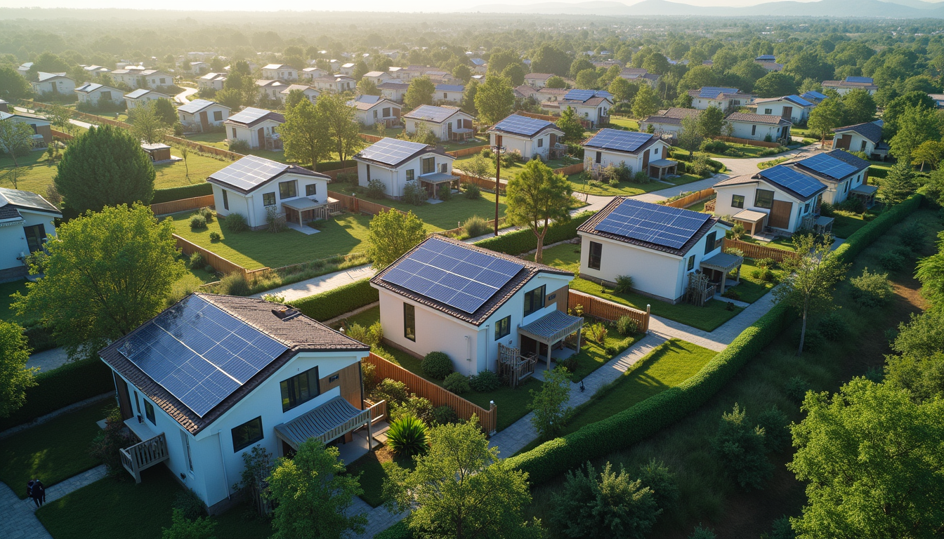 High angle view of a sustainable housing community with solar panels and green roofs