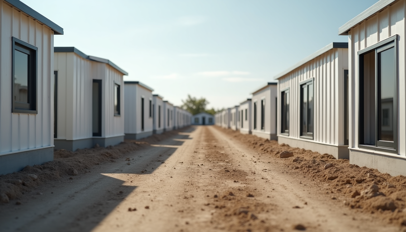 Eye-level view of modular home components neatly arranged on a construction site