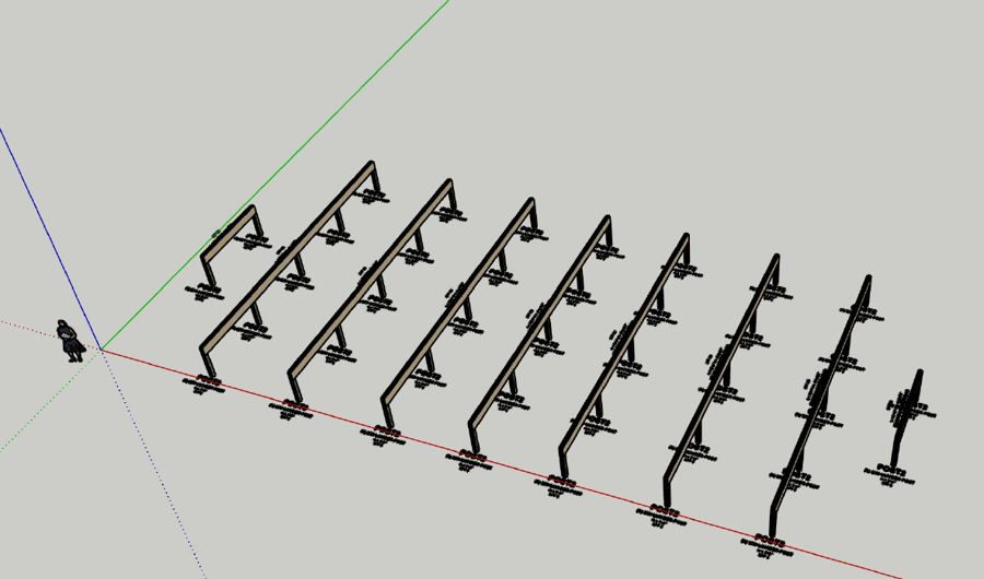 3D model: ground screws and steel posts set in rows, no slab