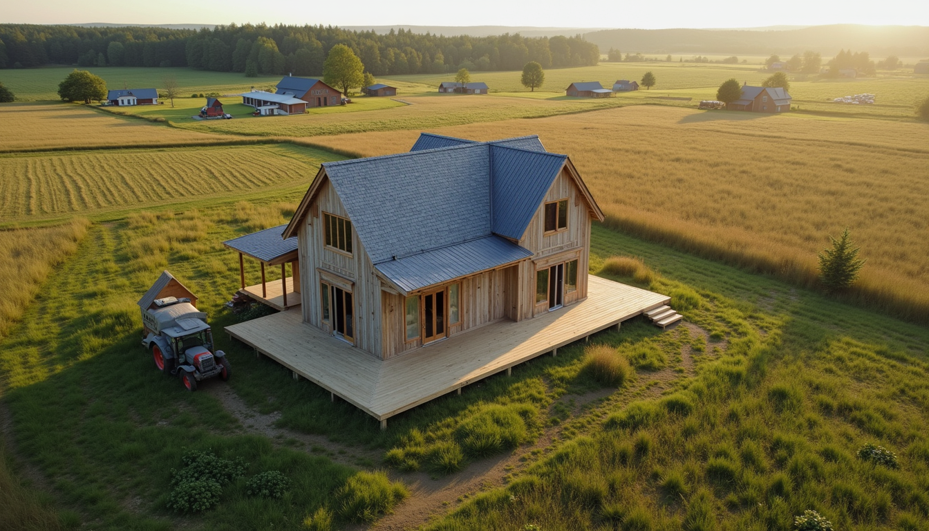 High angle view of assembled affordable DIY house in a rural setting