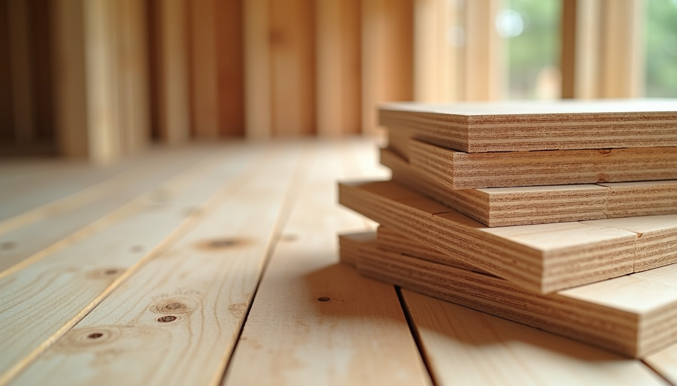Eye-level view of modular wooden panels stacked for house assembly