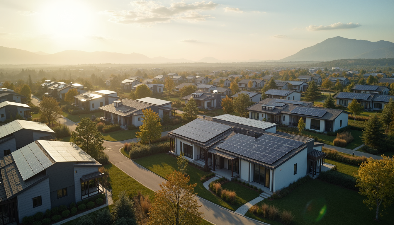 High angle view of a sustainable housing community with solar panels