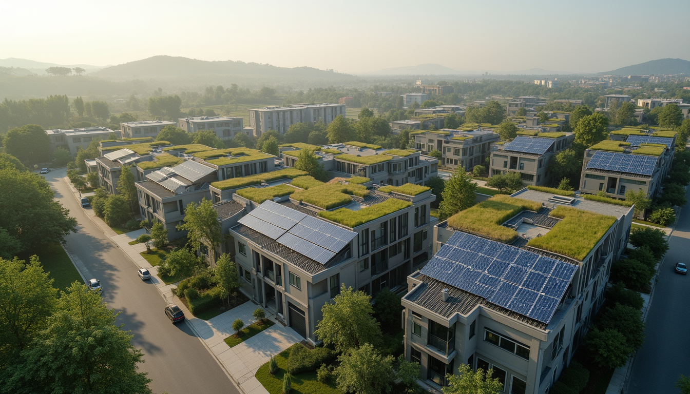 High angle view of a sustainable housing community with solar panels and green roofs