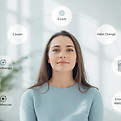 A professional wellbeing image showing a calm person in a bright modern room with subtle v