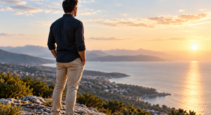 Man overlooking coastal sunset during an executive reset
