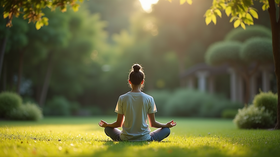 Eye-level view of a person meditating in a quiet garden
