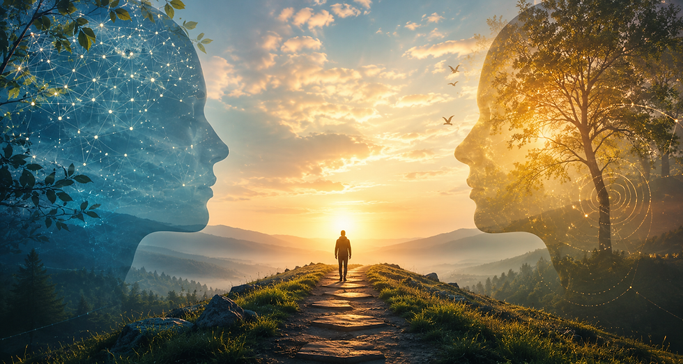 Person walking path between profiles representing the Belief Model.