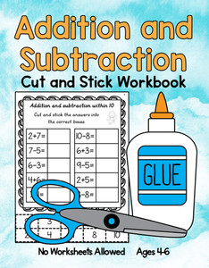 addition and subtraction cut and stick workbook for 4-6 year old children