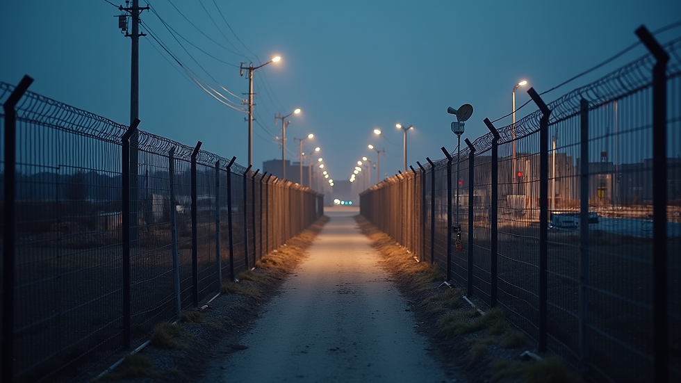 High angle view of fenced construction site with security lighting at dusk
