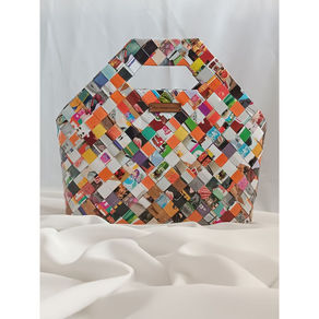 a colourful handmade handbag using recycled paper