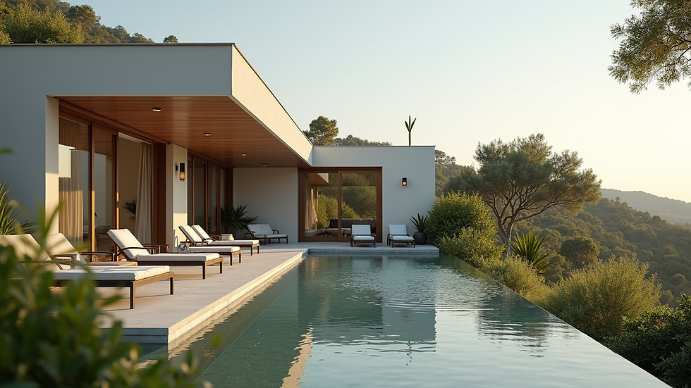 Close-up view of luxury modular resort villa with landscaped surroundings