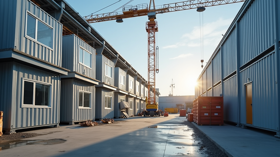 Wide angle view of modular building factory with construction in progress