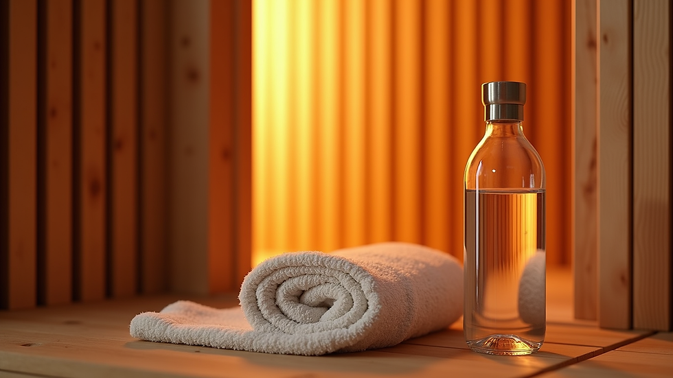 Close-up view of a water bottle and towel next to an infrared sauna door