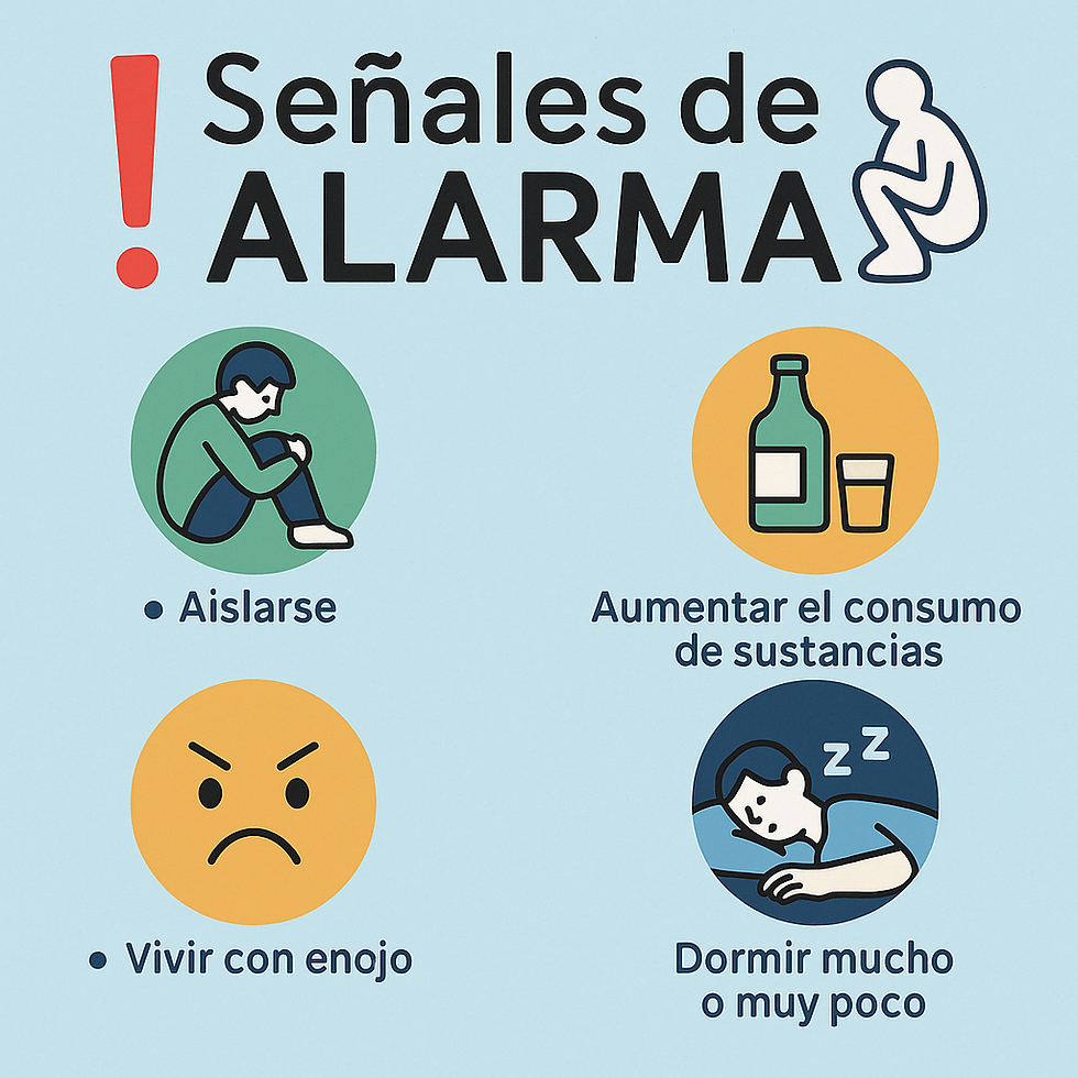 Ilustración gráfica con frases sobre señales de alerta ante riesgo suicida.
