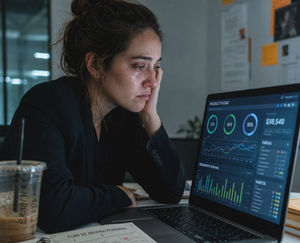 Persona agotada con lágrimas mirando dashboards de productividad en una laptop, escritorio con agenda emocional y café frío, iluminación de oficina, estilo documental.