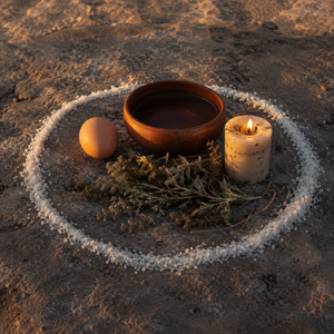 Pequeño círculo de sal delimitando un espacio ritual sobre suelo de piedra.