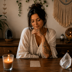 Mujer contemplando una carta de Tarot frente a una ventana al atardecer, como representación de una crisis espiritual y la búsqueda de nuevas respuestas.