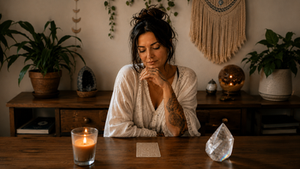 Mujer contemplando una carta de Tarot frente a una ventana al atardecer, como representación de una crisis espiritual y la búsqueda de nuevas respuestas.