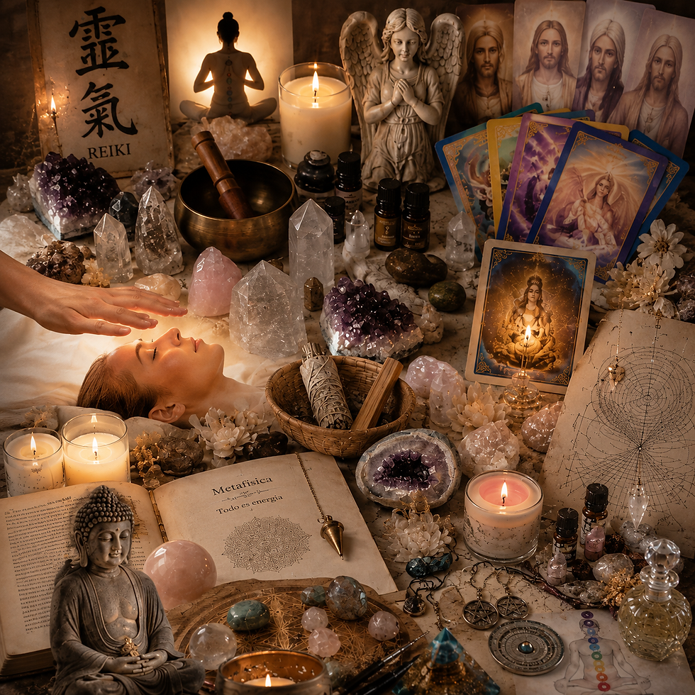 Elementos de distintas prácticas New Age reunidos sobre una mesa: cuarzos, Reiki, velas, oráculos, radiestesia y figuras espirituales.
