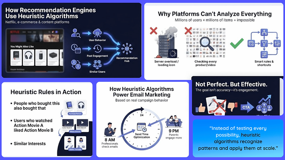 Illustration of a recommendation system using user behavior, past engagement, and similar users to generate personalized content suggestions. harnium
