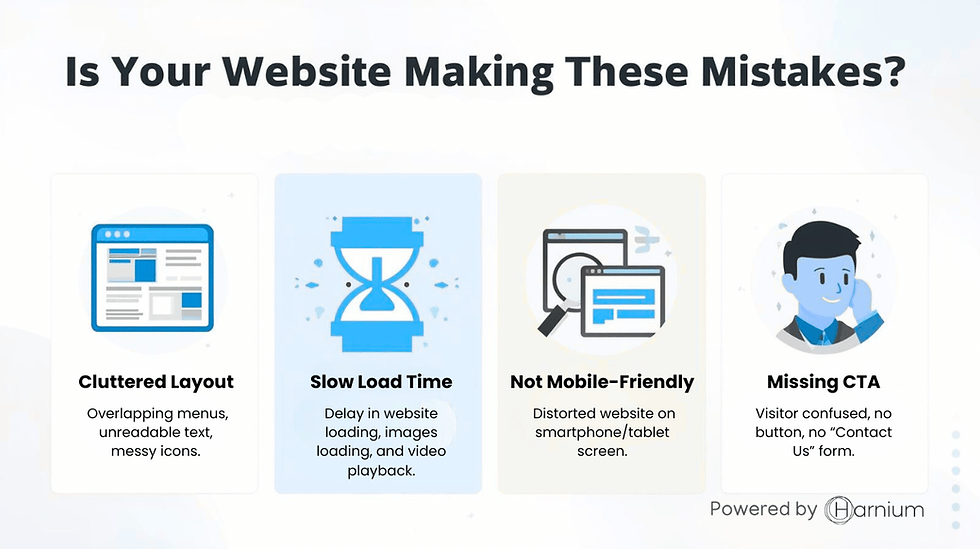 Infographic showing common website design mistakes like cluttered layout, slow loading, poor mobile experience, and missing call-to-action, emphasizing the need for professional website development services.