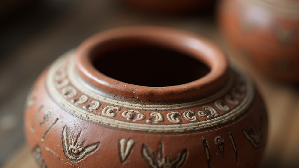 Close-up view of a beautifully crafted pottery piece with intricate designs