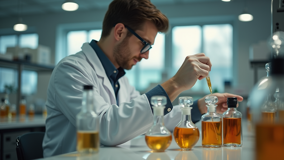 Eye-level view of a perfumer blending fragrance oils in a laboratory