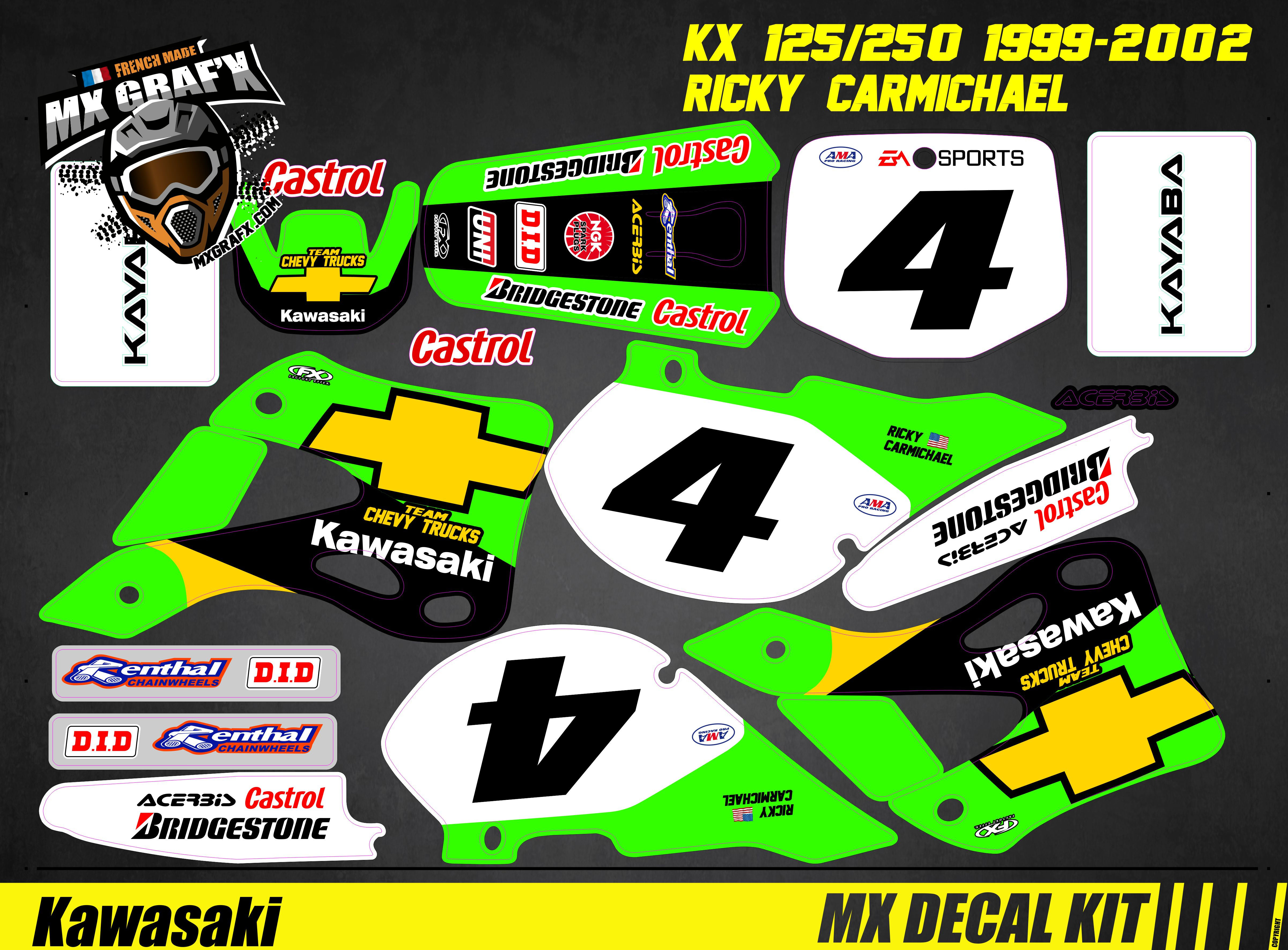 Kit Déco Vintage Moto pour - Mx Vintage Decal Kit for KAWASAKI KX - RICKY CARMICHAEL
