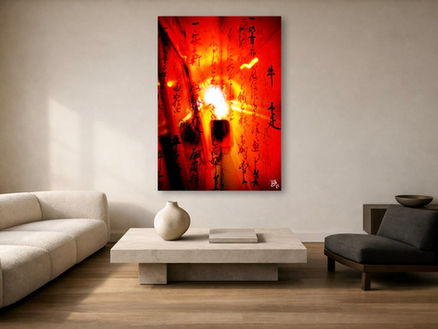 Contemporary abstract artwork featuring luminous red and gold tones with layered calligraphic textures and radiant light, printed on high-gloss perspex.