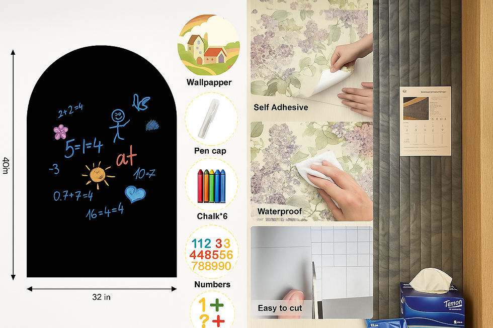 Chalkboard with colorful math and drawings on left, floral self-adhesive wallpaper on right. Text highlights features: waterproof, easy to cut.