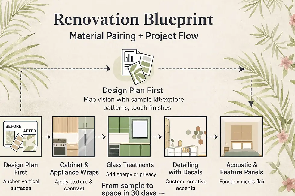 Renovation blueprint graphic showing material pairing flow: plan, wallcoverings, wraps, glass, decals, panels