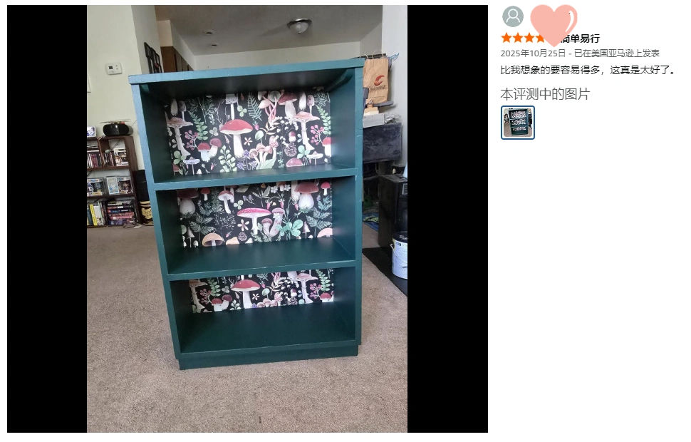 Teal bookshelf with mushroom-patterned wallpaper backing, in a cozy living room. Nearby are books and boxes. Chinese review text visible.