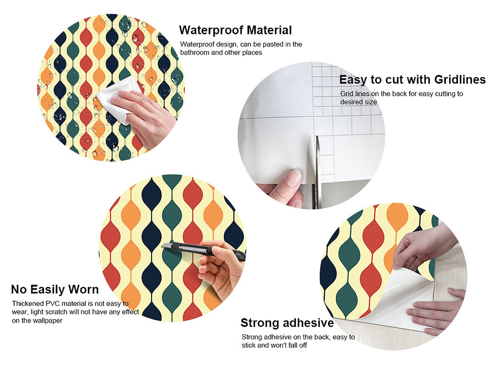 Four images show a patterned wallpaper being wiped, cut, scratched, and peeled, highlighting its waterproof, adhesive, grid-lined, and durable features.