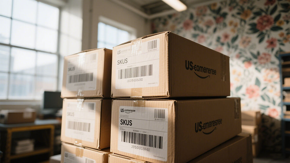 Stacked boxes labeled "US ecommerce" and "SKUS" in a bright room with floral wallpaper, creating a busy and organized atmosphere.