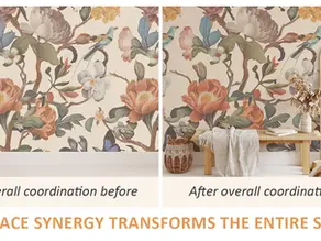 Before and after surface coordination with floral wallpaper and soft furnishings in a bedroom setting