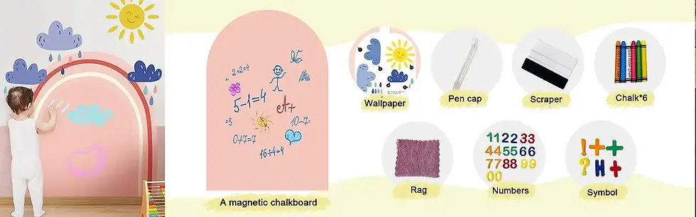Child draws with chalk on a pink rainbow magnetic chalkboard. Blue clouds, yellow sun stickers on the wall. Chalk, numbers, symbols displayed.