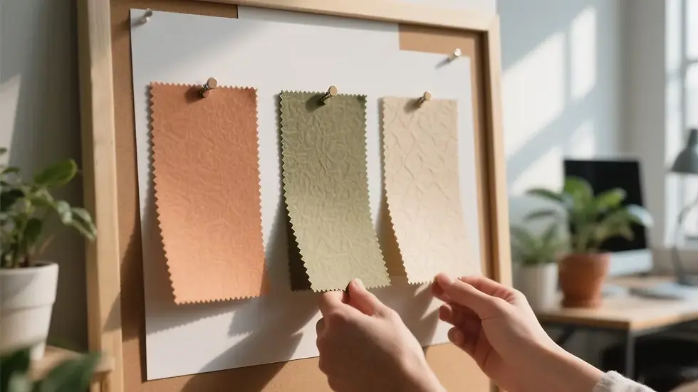 Hands selecting fabric swatches pinned to a board; peach, green, and beige. Bright room with a potted plant and computer in background.