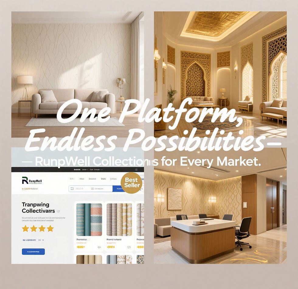 Elegant interiors with couches, armchairs, and detailed walls. Text: "One Platform, Endless Possibilities – RunpWell Collections for Every Market."