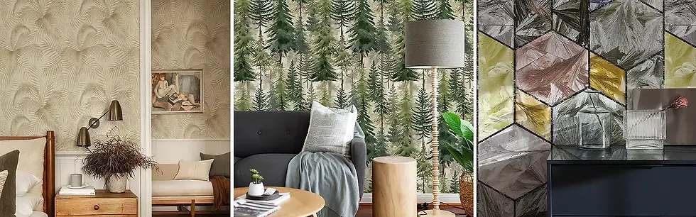 Three interior designs with different wallpapers: beige fern, green pine forest, and geometric pattern. Includes furniture and decor accents.