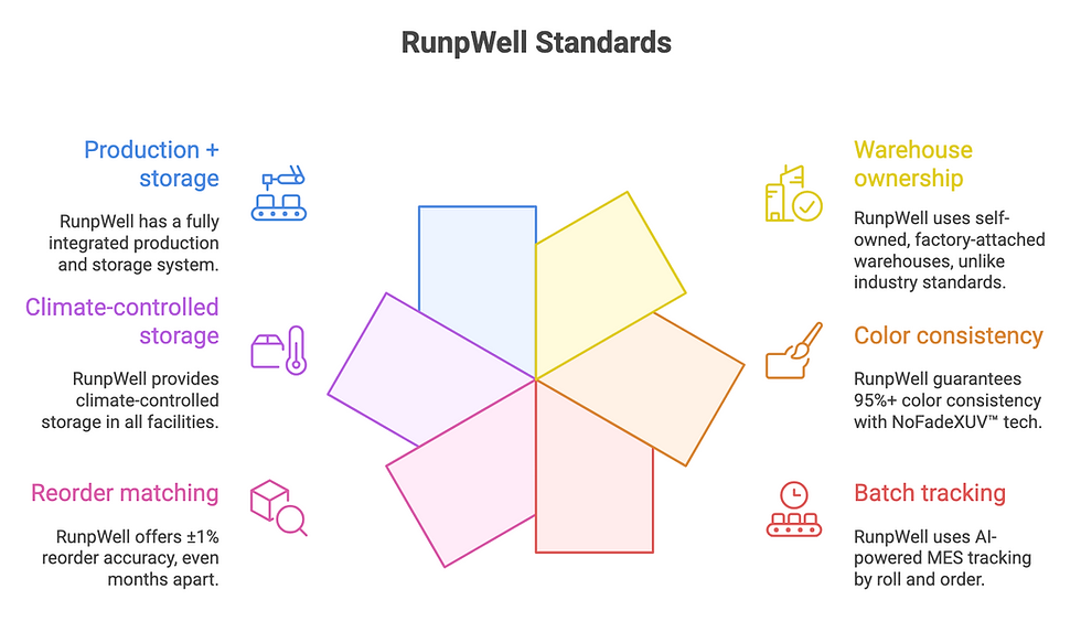 Infographic showing RunpWell Decor’s warehouse benefits: batch tracking, color consistency, reorder accuracy, and integrated storage system.