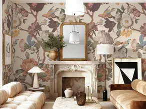 Modern living room with bold floral mural wallpaper, neutral velvet sofas, and marble fireplace—showcasing a stylish statement wall using RunpWell NoFadeXUV™ technology.