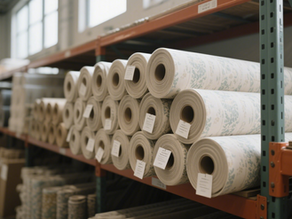 Wallpaper rolls neatly stored in warehouse racks, ready for global shipment.