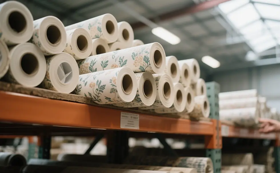 Rolled floral wallpapers on warehouse shelves, patterned in green and beige. Out of focus background with a high ceiling and natural light.