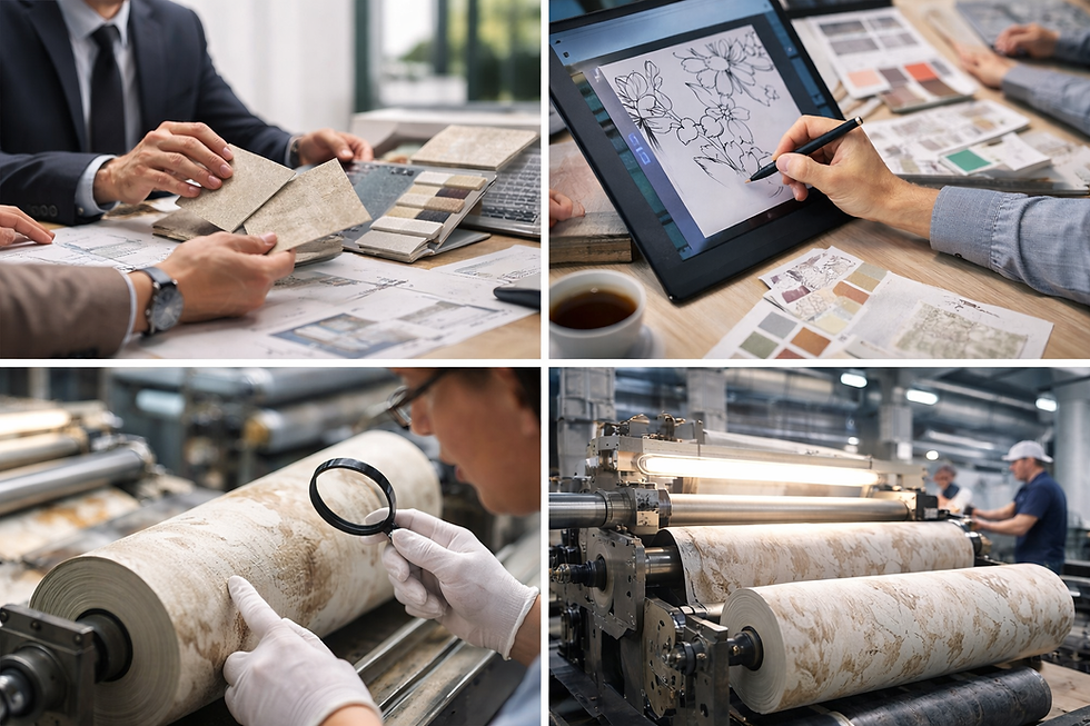 Collage of wallpaper design process: selecting samples, digital sketching, inspecting prints with a magnifier, and printing in a factory.