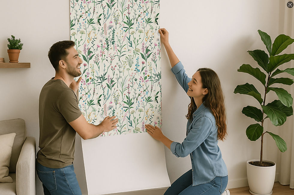 Couple happily hanging floral wallpaper in a cozy room with a beige sofa and green potted plant, creating a fresh, vibrant ambiance.