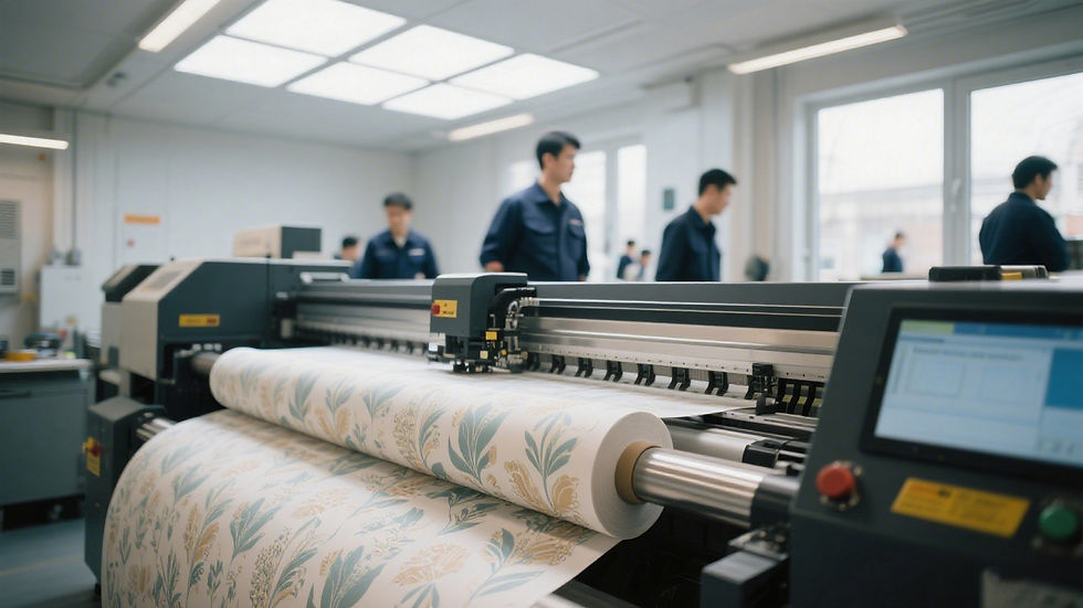 Large printer outputs floral wallpaper in a bright room. Workers in blue uniforms move in the background. Mood is efficient and busy.